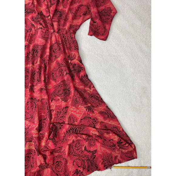On The Rocks Vintage Dress Women's 11/12 Red Black Gold Floral Print 80s Pockets - Picture 14 of 15